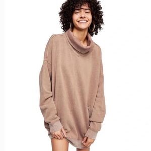 FREE PEOPLE Soft Tan Brown Turtleneck Long Tunic Oversized Sweatshirt Sweater S
